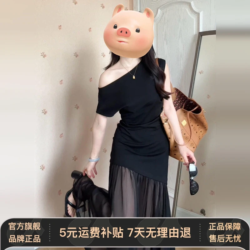 2025新款法式气质黑色斜肩短袖连衣裙子女夏季高级感收腰包臀长裙