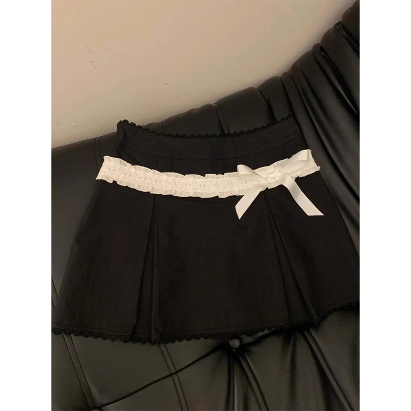 夏季韩系学院风高腰显瘦短裙少女感绝美设计感蝴蝶结蕾丝半身裙女