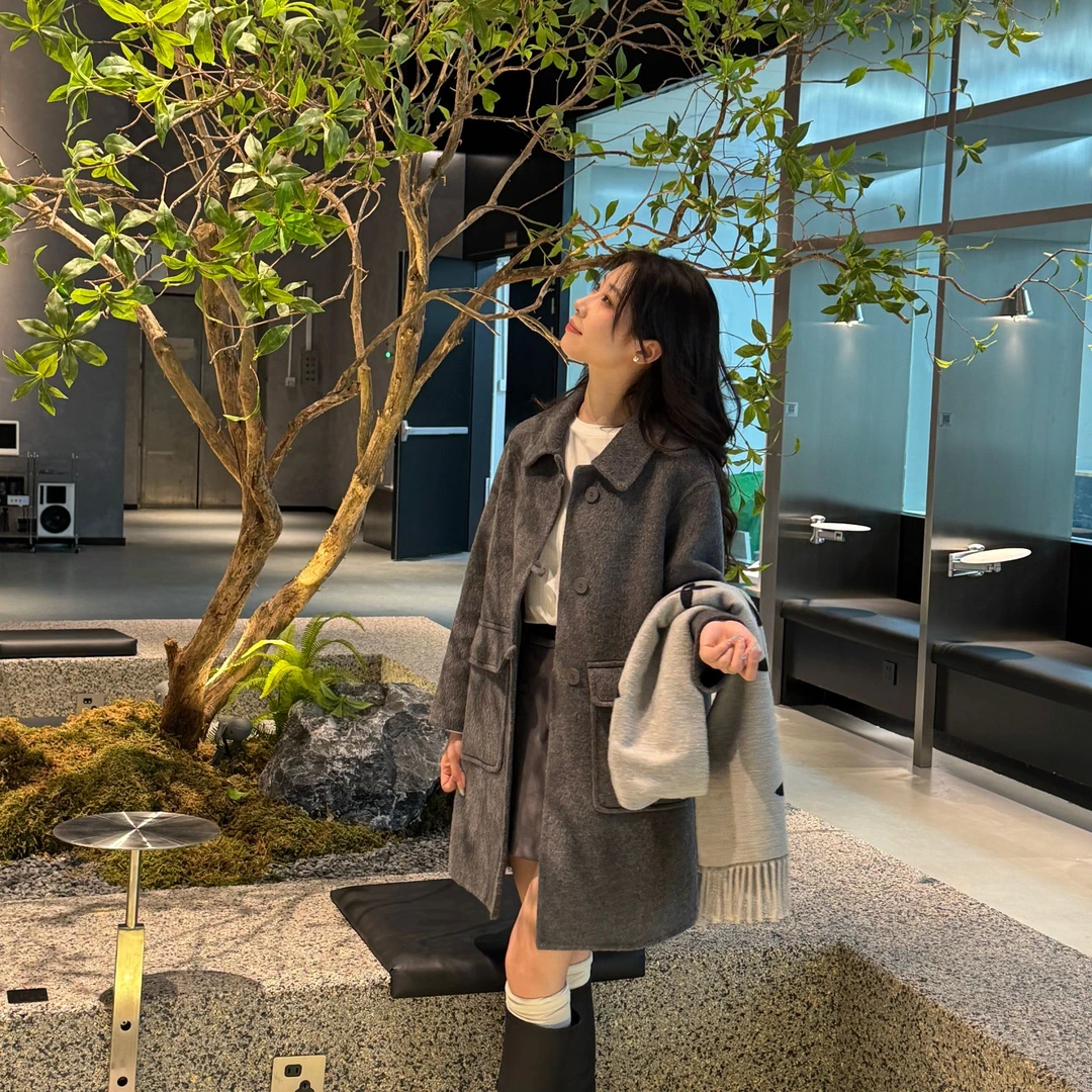 2025秋冬新款气质小个子宽松中长款娃娃领显高双面呢大衣19114