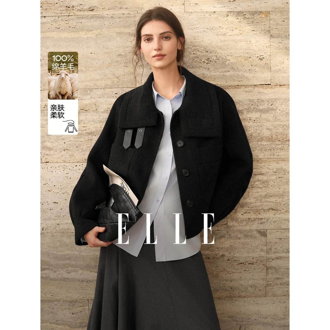 【100%绵羊毛】ELLE高级感毛呢短外套女2025冬季双面呢大衣EN52463