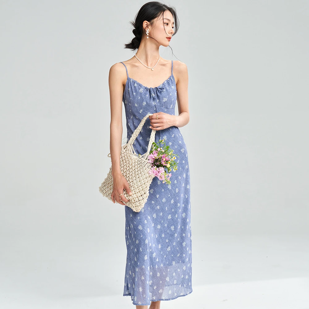 25夏季新款【仲夏夜】吊带碎花连衣裙V领抽绳气质修身新款印花长裙