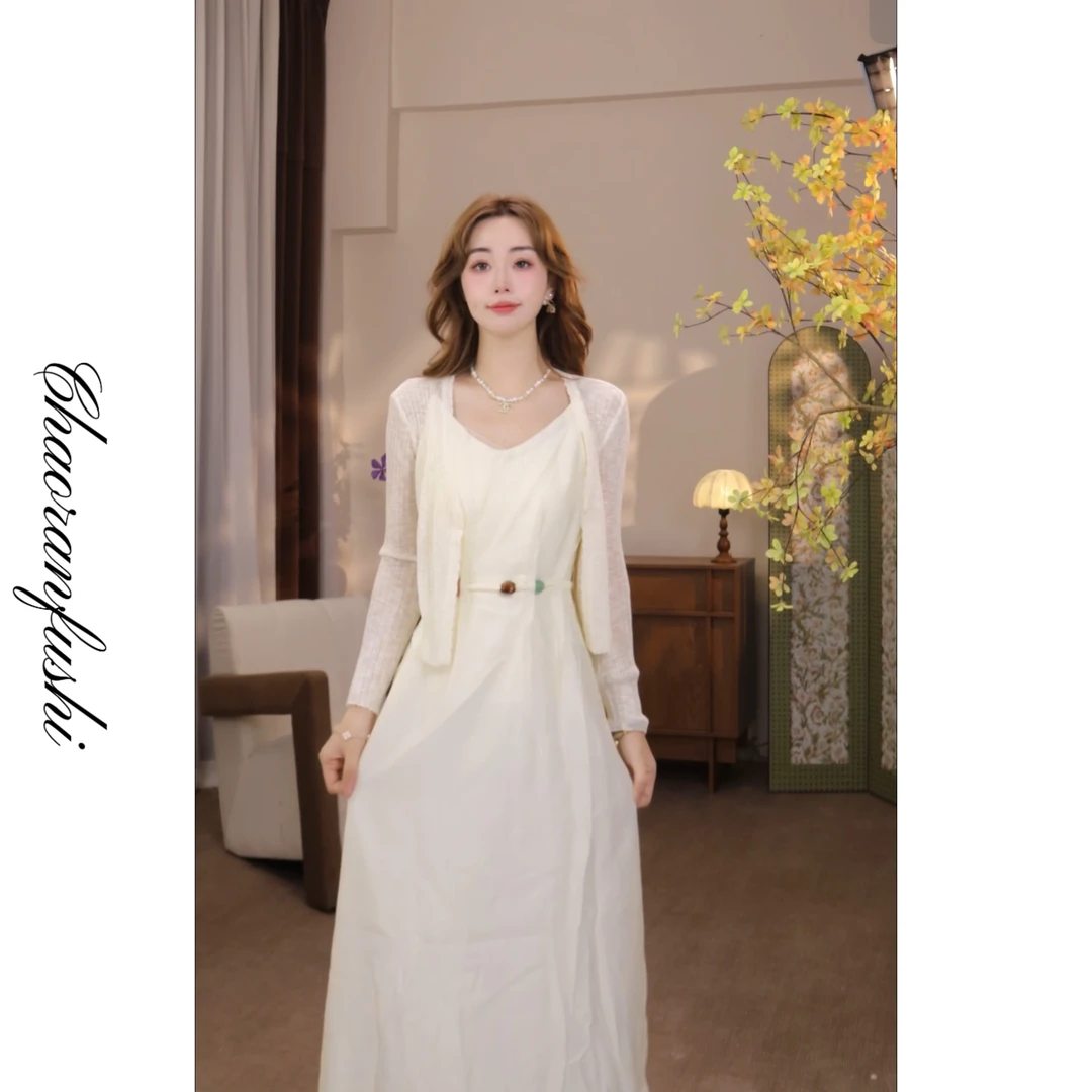 夏季新款韩系收腰仙女吊带罩衫套裙收腰仙女气质显瘦6628cc