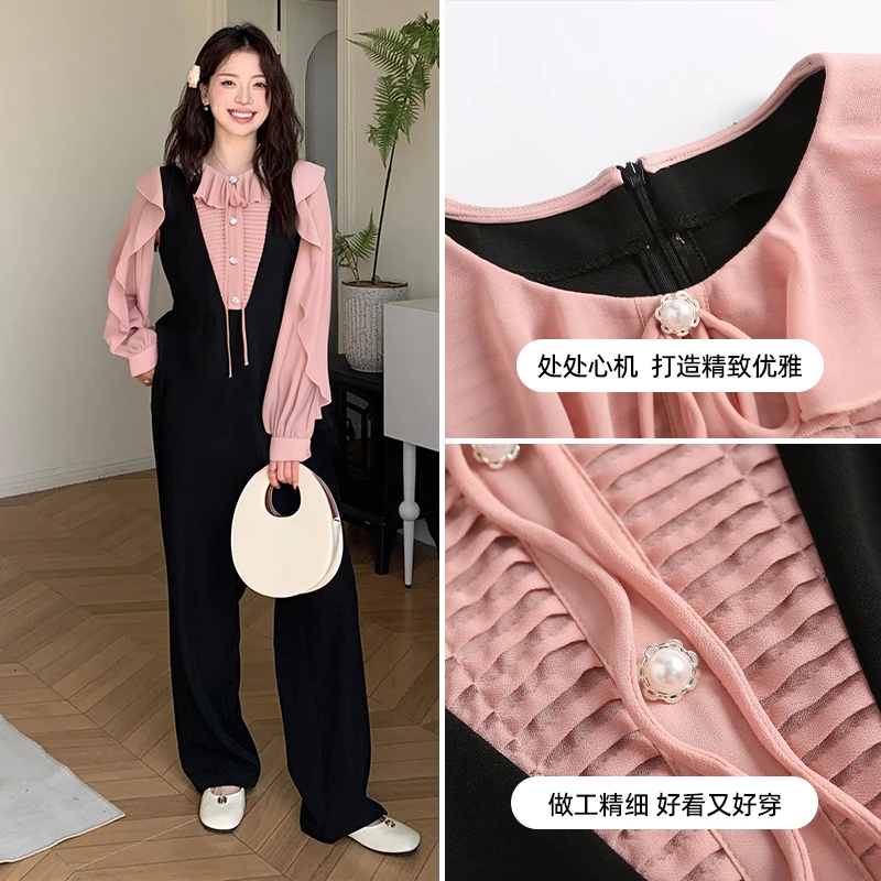 五季家大码胖mm套装女装夏木耳边百褶拼接长袖上衣阔腿裤ZL104238