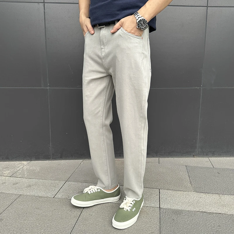 夏季浅灰色牛仔裤男士九分薄款360度弹性微宽松小直筒9分裤不掉色