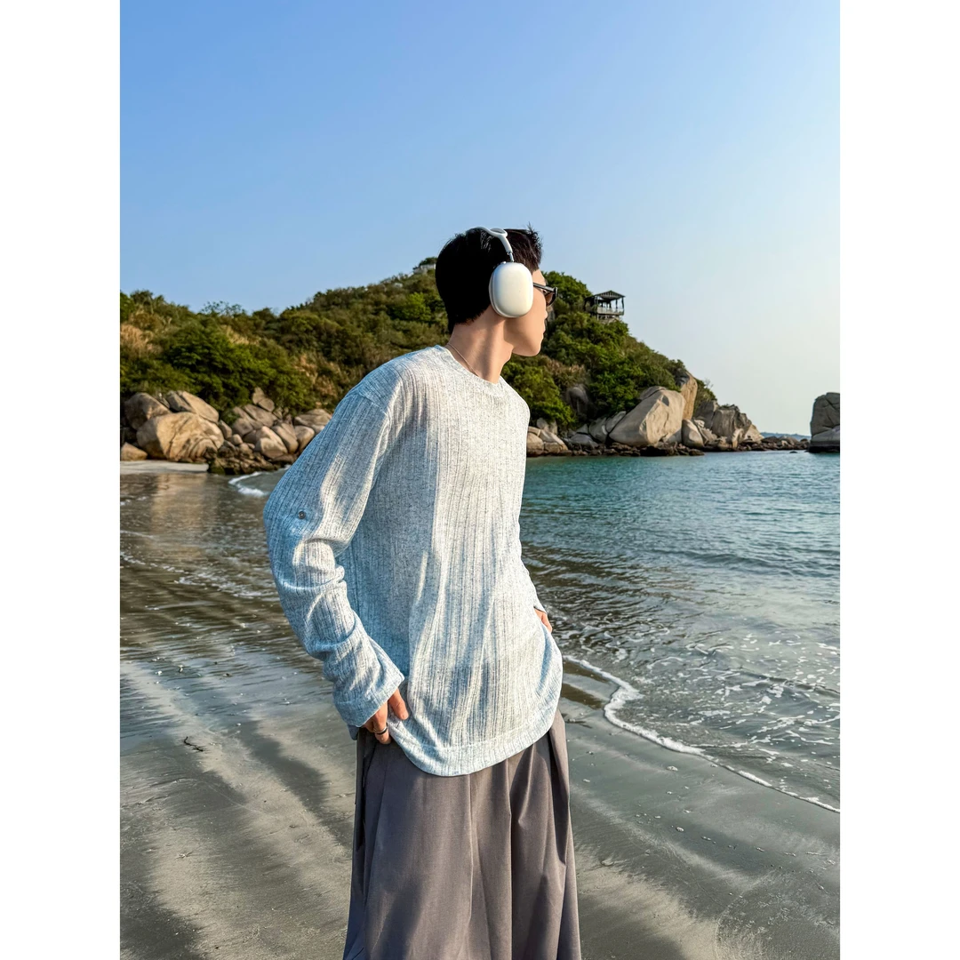 DBW Doublewin百搭纯色轻薄透气针织罩衫男夏宽松长袖T恤上衣1146