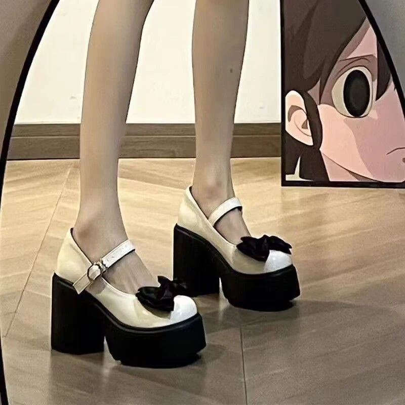 蝴蝶结超高跟小皮鞋子女2025年春夏季新款粗跟玛丽珍单鞋