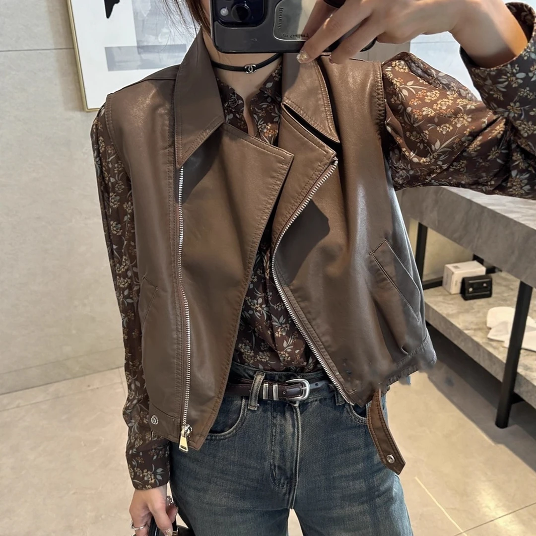 休闲百搭pu皮马甲女2025新款欧货宽松无袖上衣短款背心小皮衣外套