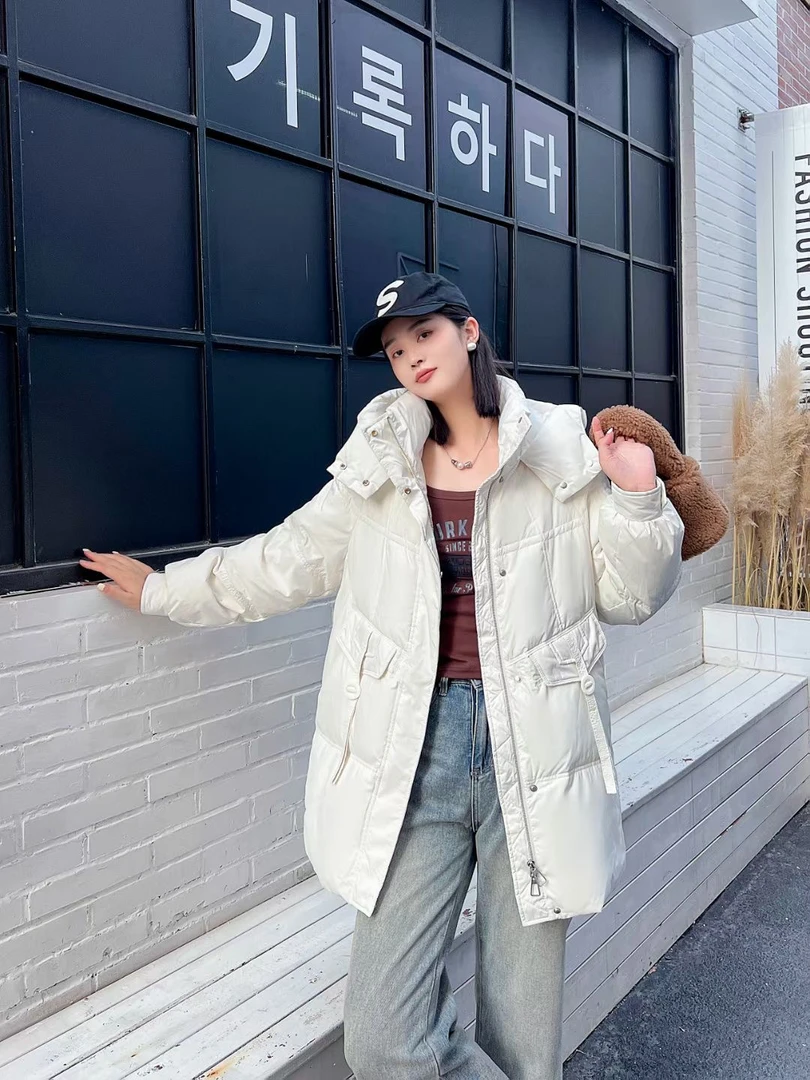 2025新款女中长款羽绒服休闲连帽时尚加厚通勤保暖白鸭绒外套