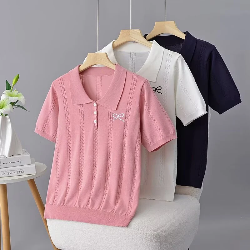 奢怡雅欣宇大码洋气显瘦翻领刺绣针织休闲短袖#春1596