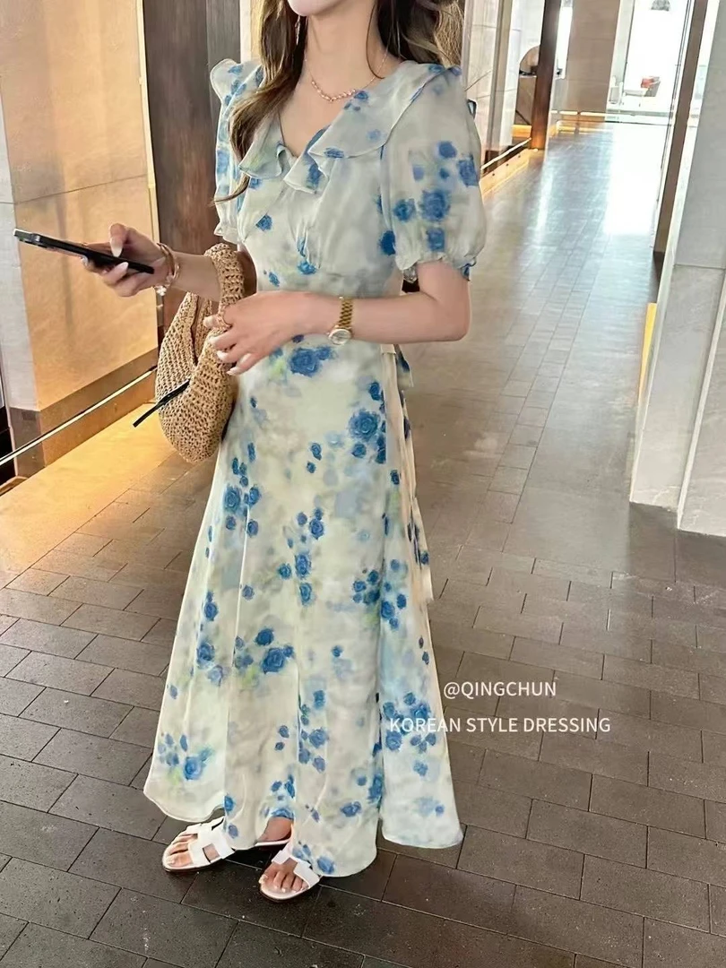 2025夏季碎花套头印花甜美莫奈花园风U设计显瘦连衣裙蓝色V领复古