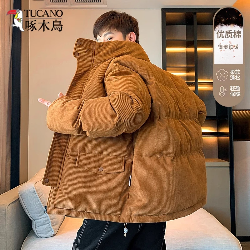啄木鸟灯芯绒面包棉服男士外套秋冬季加厚款棉袄保暖纯色立领棉衣