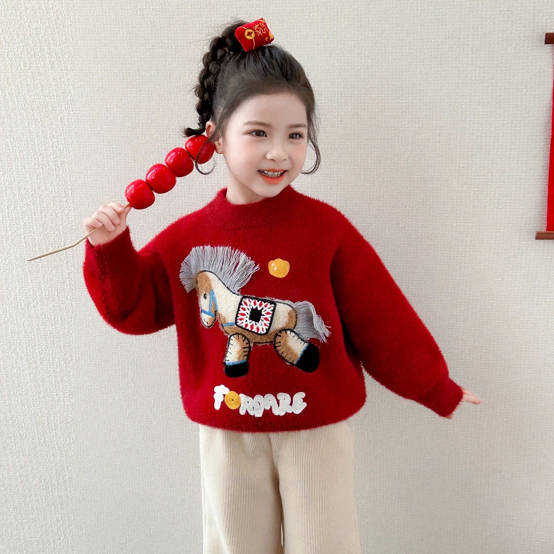 女童卡通毛衣儿童秋冬装新款圣诞礼物新年装女宝宝冬季加厚针织衫