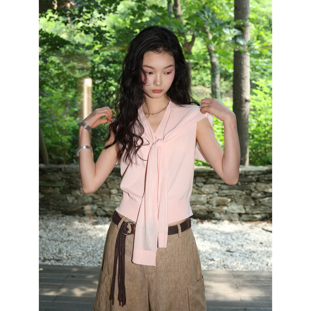 SUPERSCAPE轻薄透气设计感时尚披肩v领针织马甲背心上衣