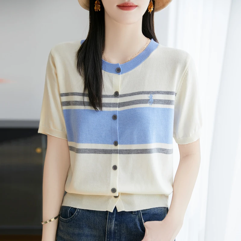 品牌夏季圆领条纹刺绣开衫女短袖毛针织衫薄款条纹针织衫上衣