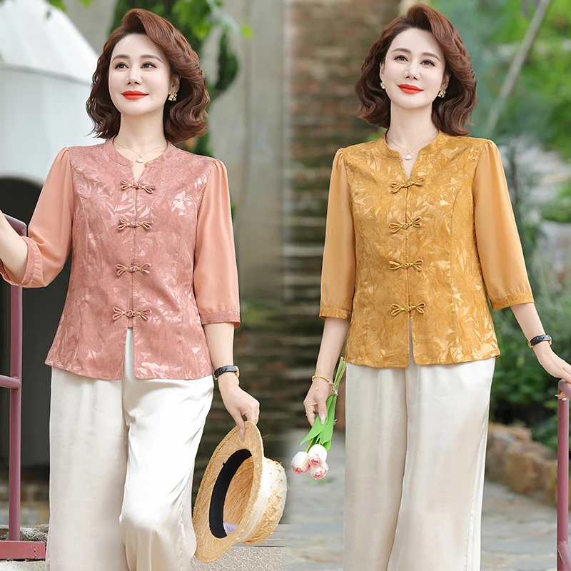 2025夏季国风盘扣时尚七分袖小衫妈妈装洋气套装气质两件套