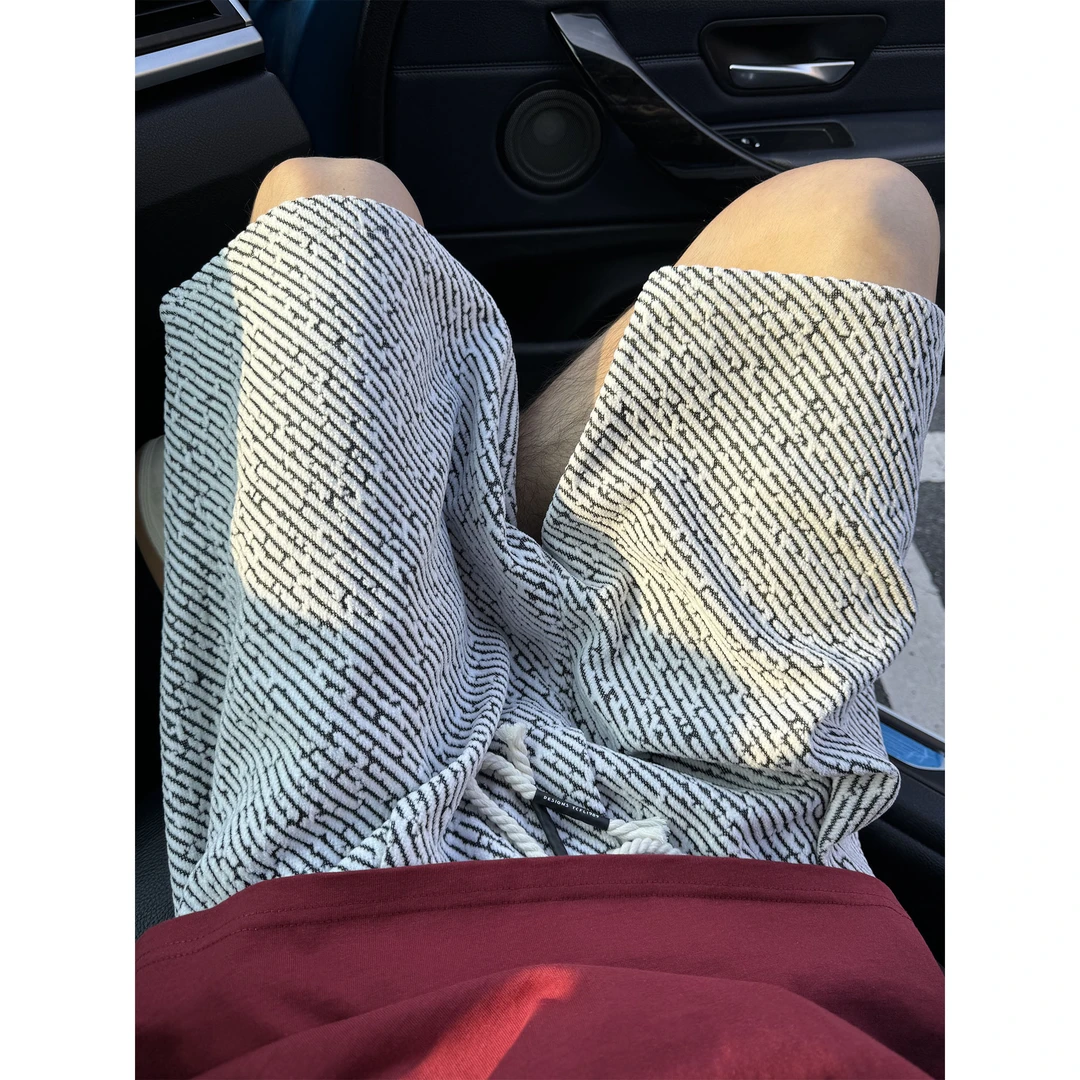 美式复古针织短裤男夏季痞帅宽松直筒抽绳半裤潮牌斑马纹五分裤子