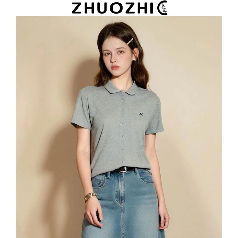 卓芝法式简约休闲POLO领灰色T恤女2025夏季新款日常通勤百搭上衣