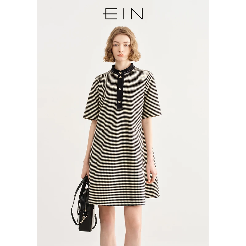 EIN/言学院风格纹丝棉撞料立领直筒文艺复古连衣裙2025春夏新款