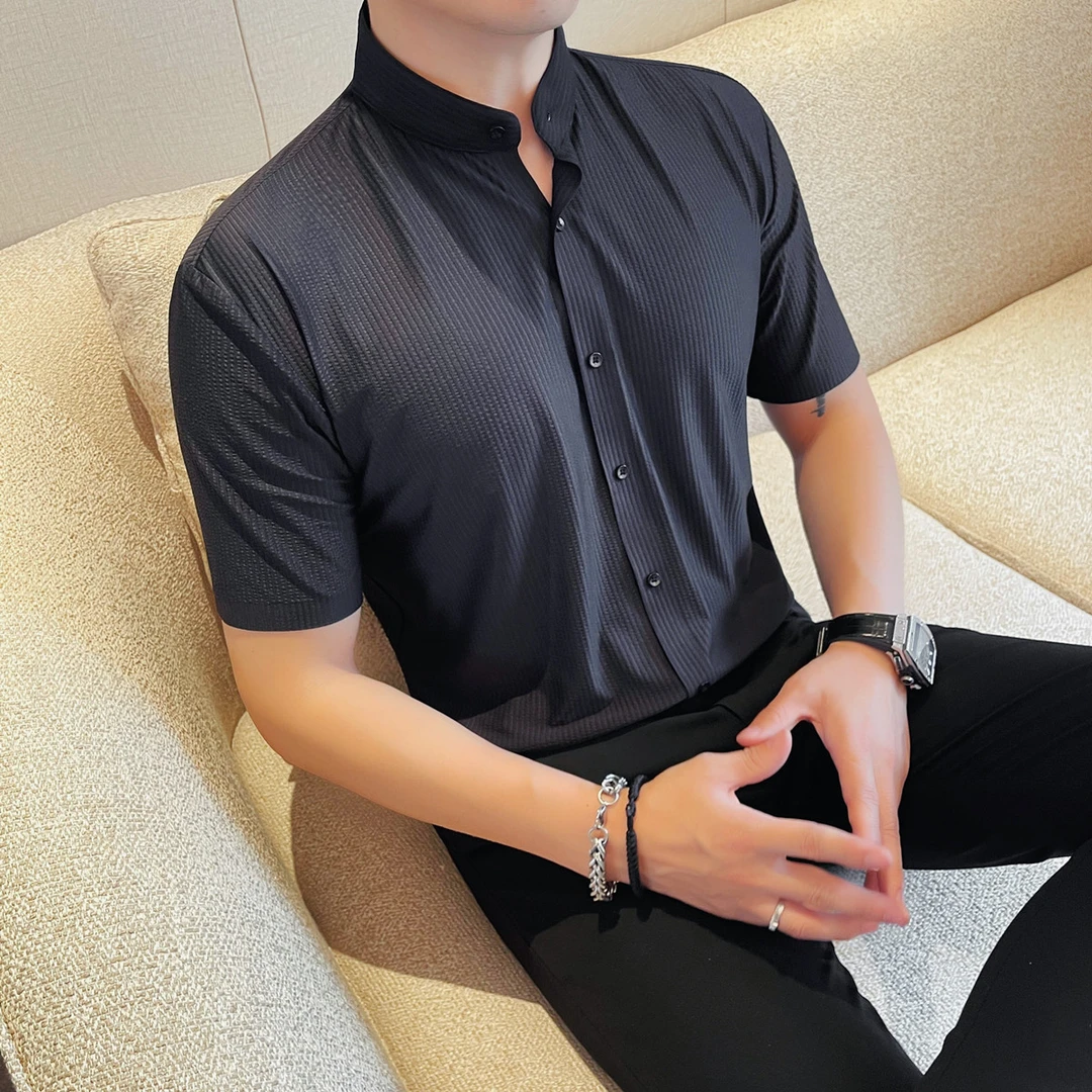 冰丝立领男士短袖衬衣夏季新款时尚百搭休闲立领衬衫条纹修身潮流