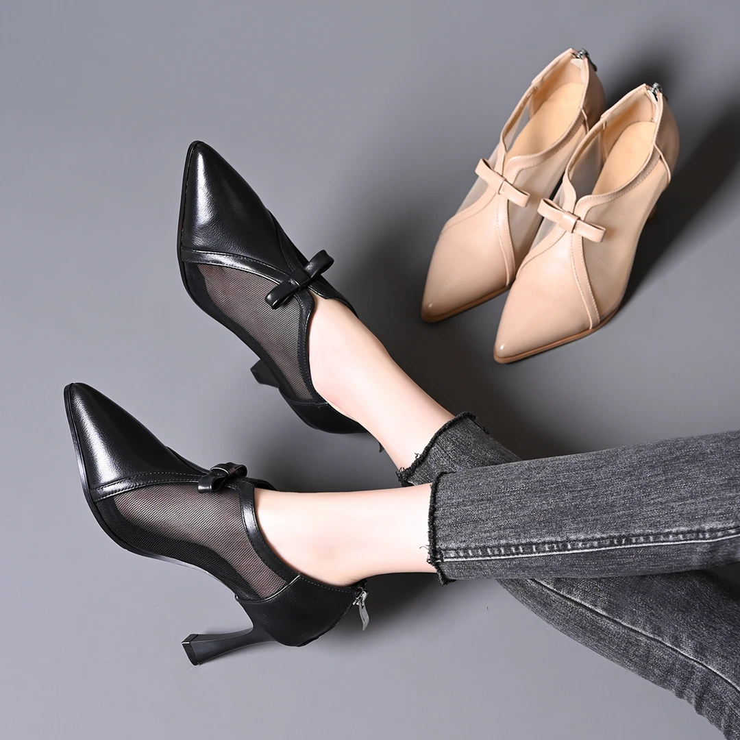 头层牛皮高跟鞋女士细跟单鞋尖头后拉链深口皮鞋职业装细高跟女鞋