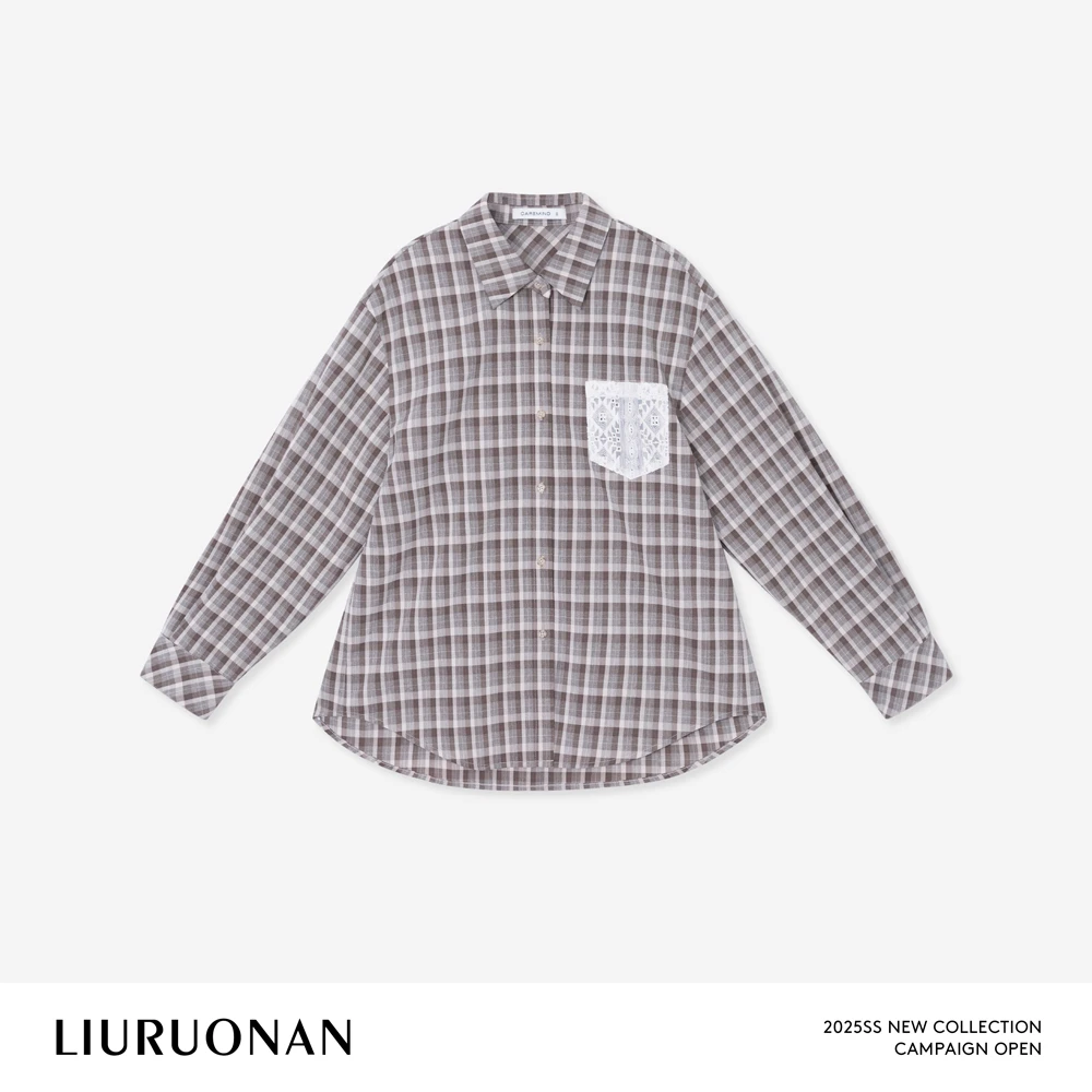LIURUONAN 25SS 【春游衬衫】蕾丝刺绣口袋拼接格纹衬衫女