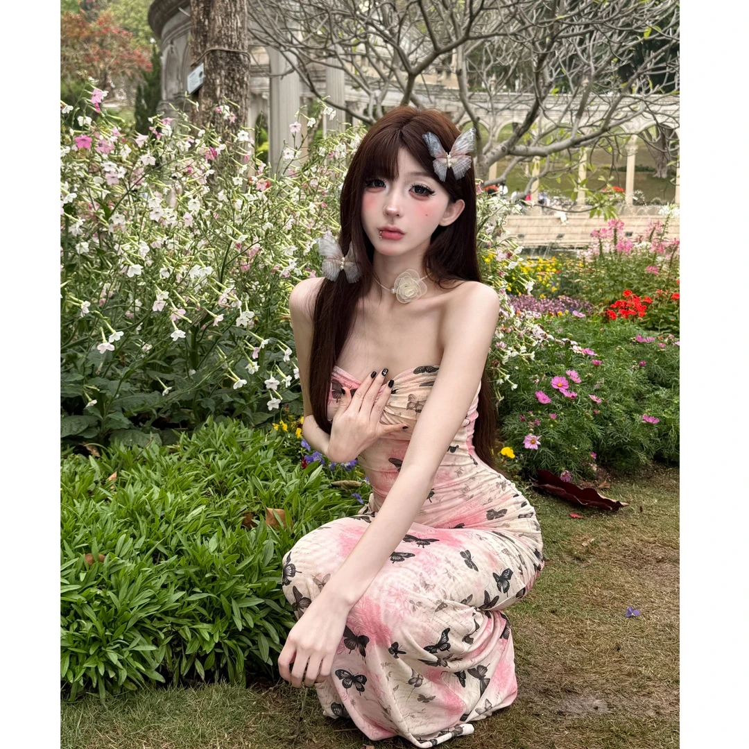 【小洋家】「婉婉佳人」粉色晕染黑蝴蝶修身鱼尾长裙LXYYN49075