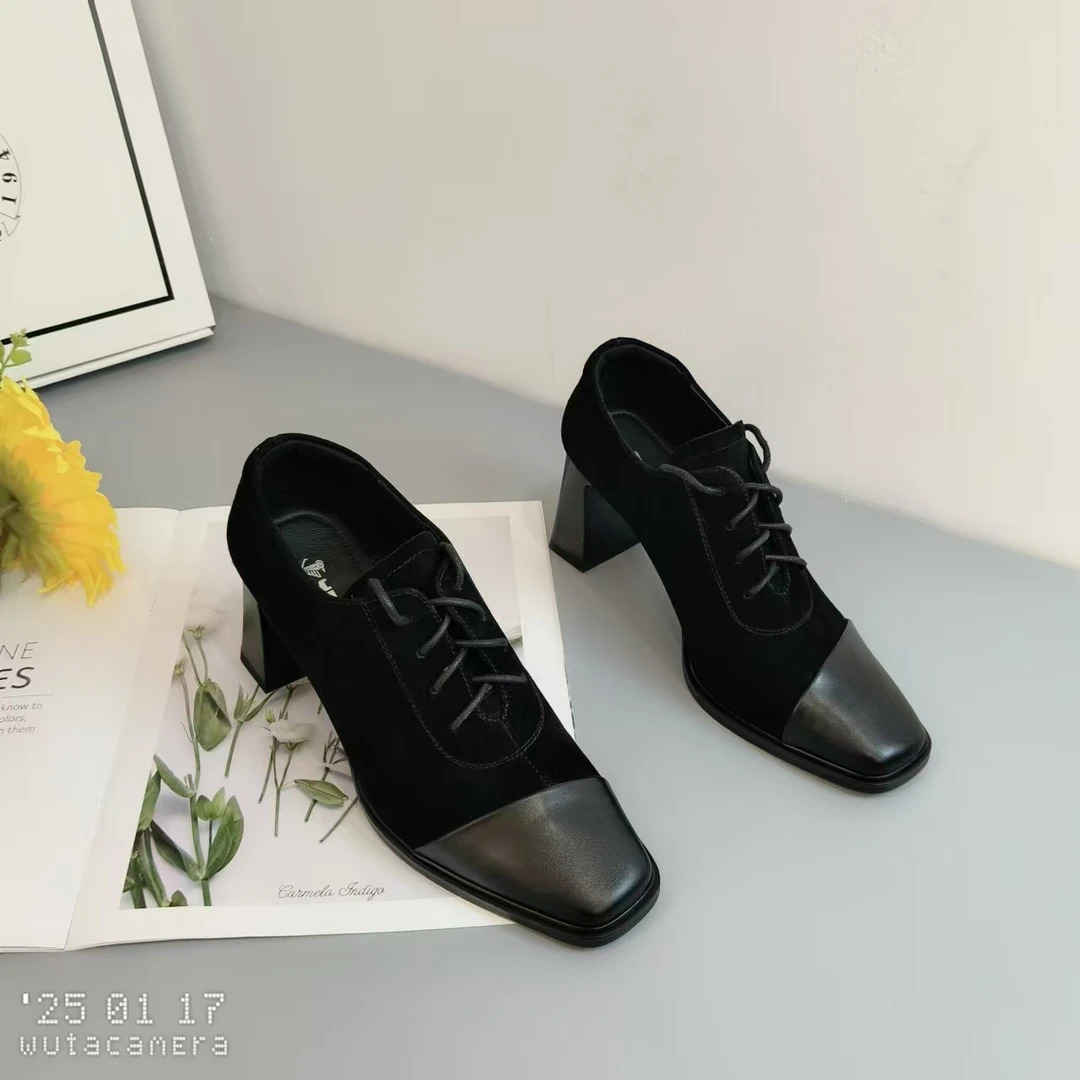 AF093  新款法式深口高跟鞋方头百搭系带单鞋