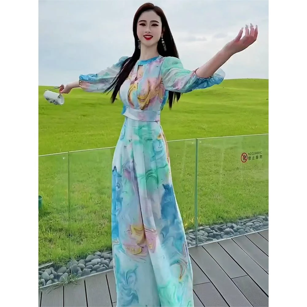 女神时尚漂亮印花长袖短款上衣阔版阔腿裤两件套装2025年春夏新款