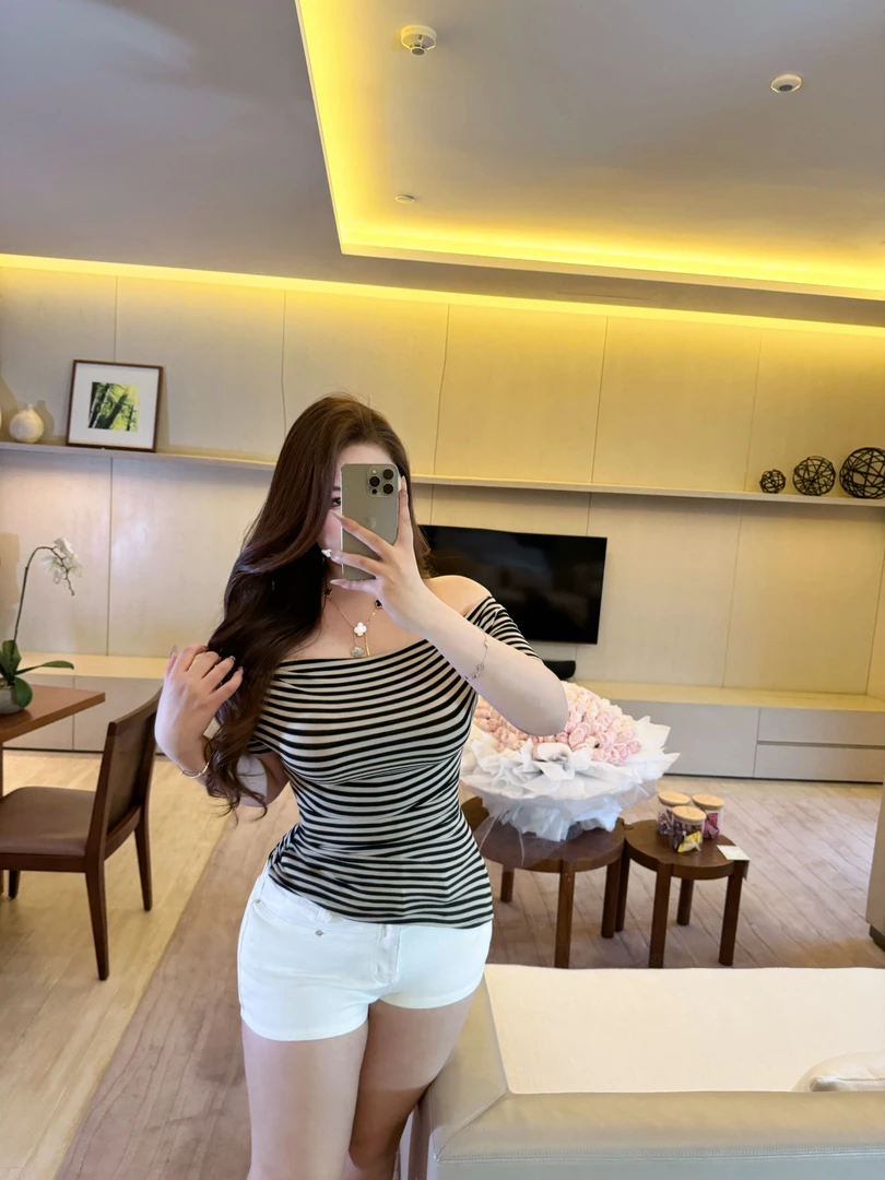 胖婷大码定制胖mm「古早风条纹T恤」夏季休闲辣妹一字肩条纹短袖