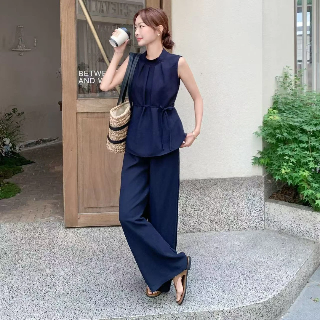 015编码---夏尚气质法式复古上衣高腰阔腿裤套装高级感两件套女