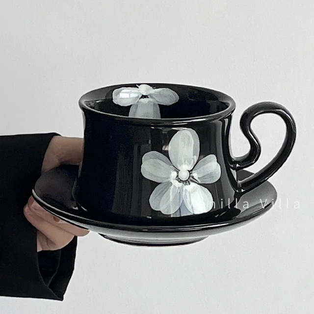 复古黑釉雾花陶瓷咖啡杯碟中古手作杯子高颜值下午茶水杯小众礼物