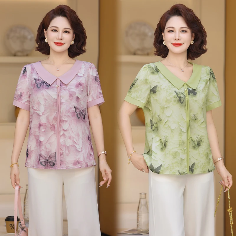 2025妈妈装夏装洋气印花短袖衬衫中老年女装气质减龄上衣T恤小衫