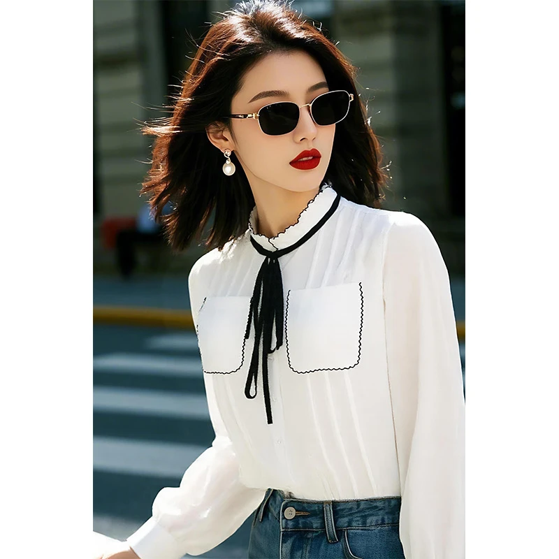 MEXCOCO/兰瑟儿春季新款气质法式别致蝴蝶结系带百搭衬衫M5XD9351