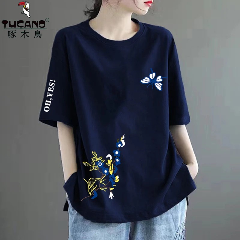 啄木鸟纯棉时尚印花洋气休闲T恤中年宽松夏季新款百搭短袖上衣潮