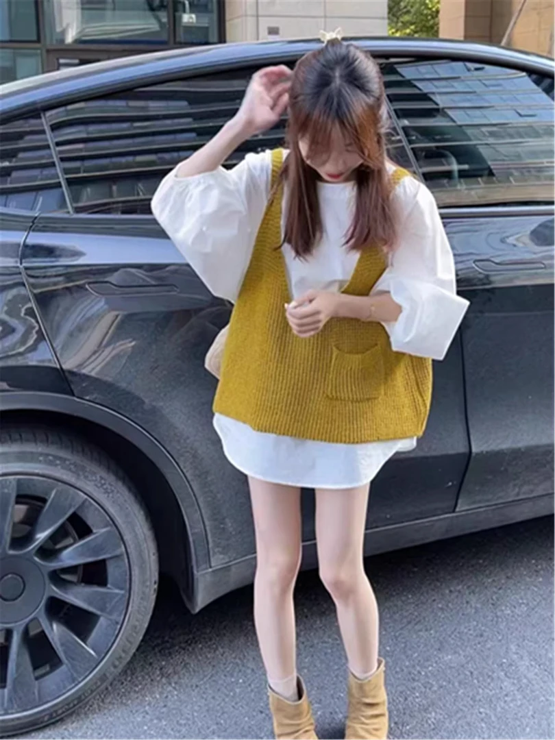 韩系圆领极简宽松显瘦衬衫+毛衣背心两件套2025秋新设计套装女潮