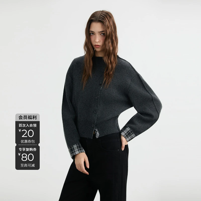 S·DEER圣迪奥秋冬小香风侧纽扣短款格纹都市拼接高级灰针织衫毛衣