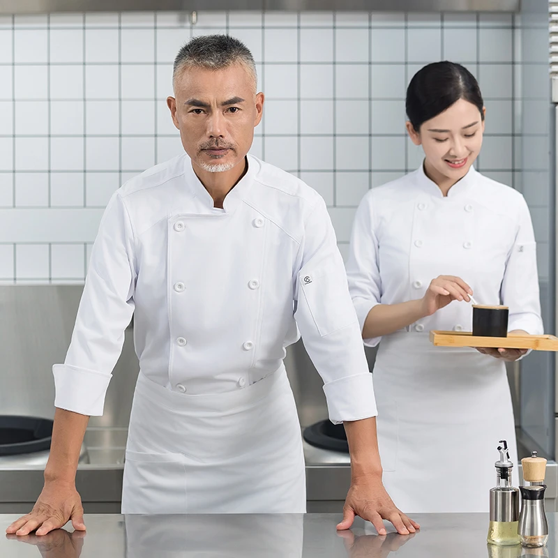 餐饮厨房厨师服长袖男酒店餐厅饭店主厨工作服秋冬装纯白双排扣女