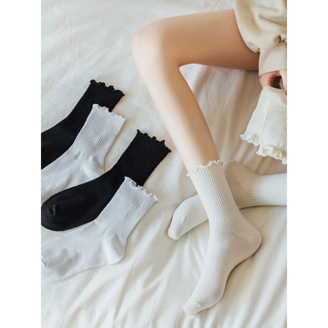 白色花边袜子女中筒棉长筒玛丽珍鞋木耳边袜秋天ins百搭jk日系