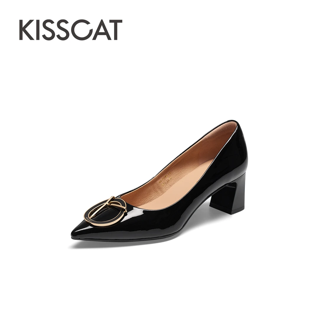 【商场同款】接吻猫新款女主播软底黑色百搭高跟单鞋KA54109-13