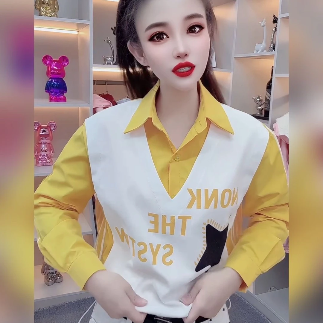 8806 欧货假两件字母拼接衬衫2025爆款条纹新款设计马甲衬衫上衣