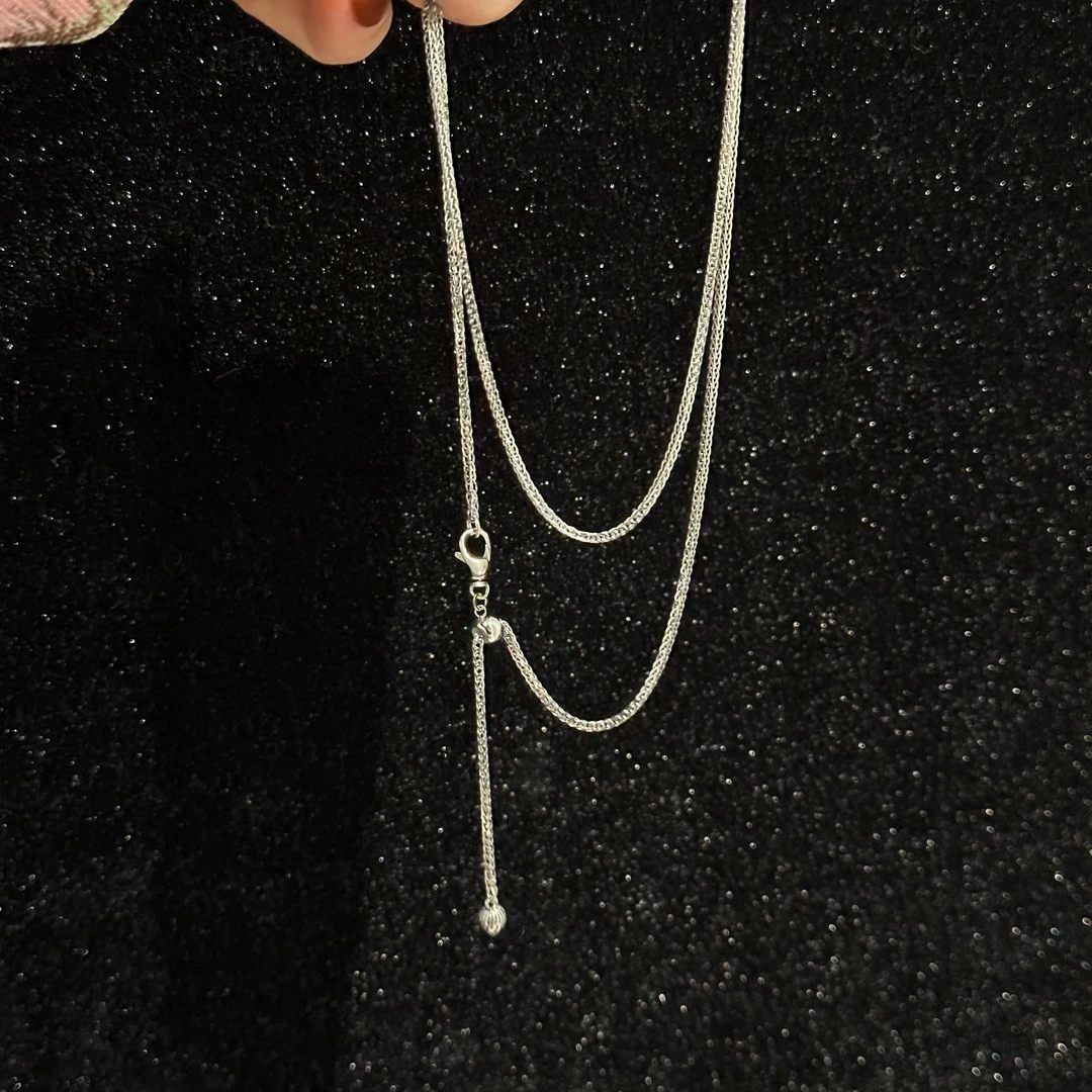 链子925银 N17877 做旧方形编织抽拉尾坠莲花苞项链百搭约59cm