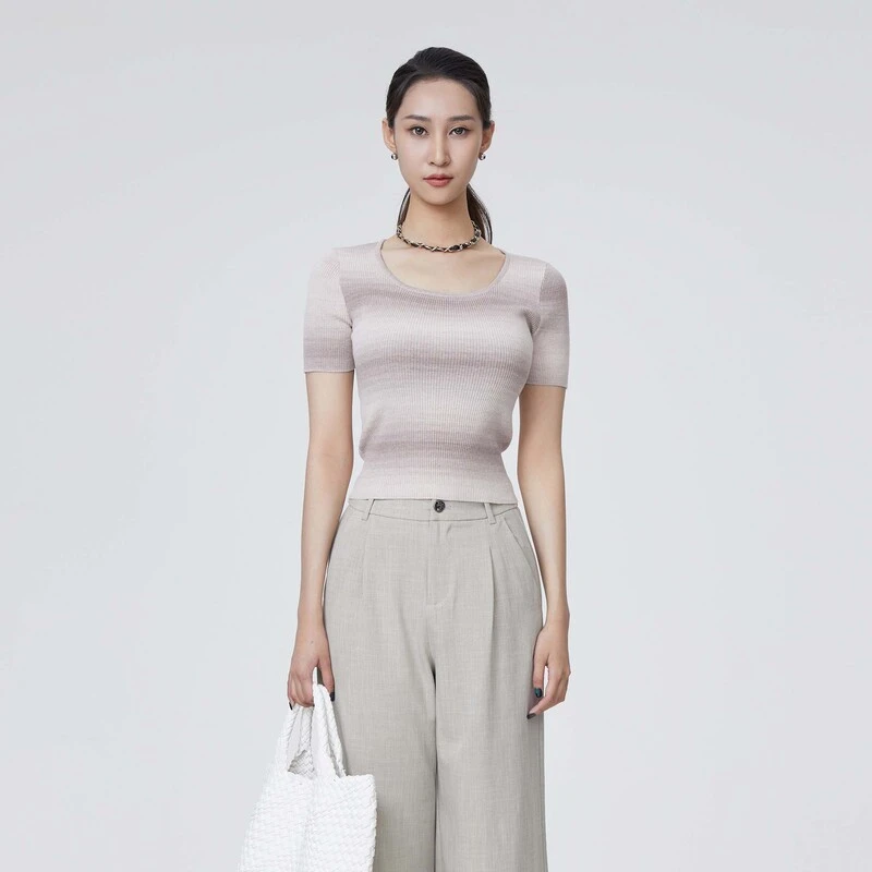 圣迪奥夏季时尚休闲修身条纹设计师圆领针织衫S24283513