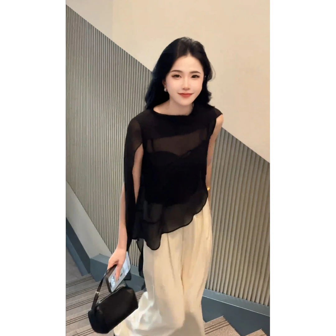 夏季穿搭一整套女装2025新款规则飘带黑色上衣高腰阔腿裤两件套潮