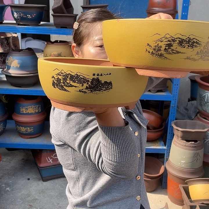 黄色江山如画小一对花盆紫砂花盆