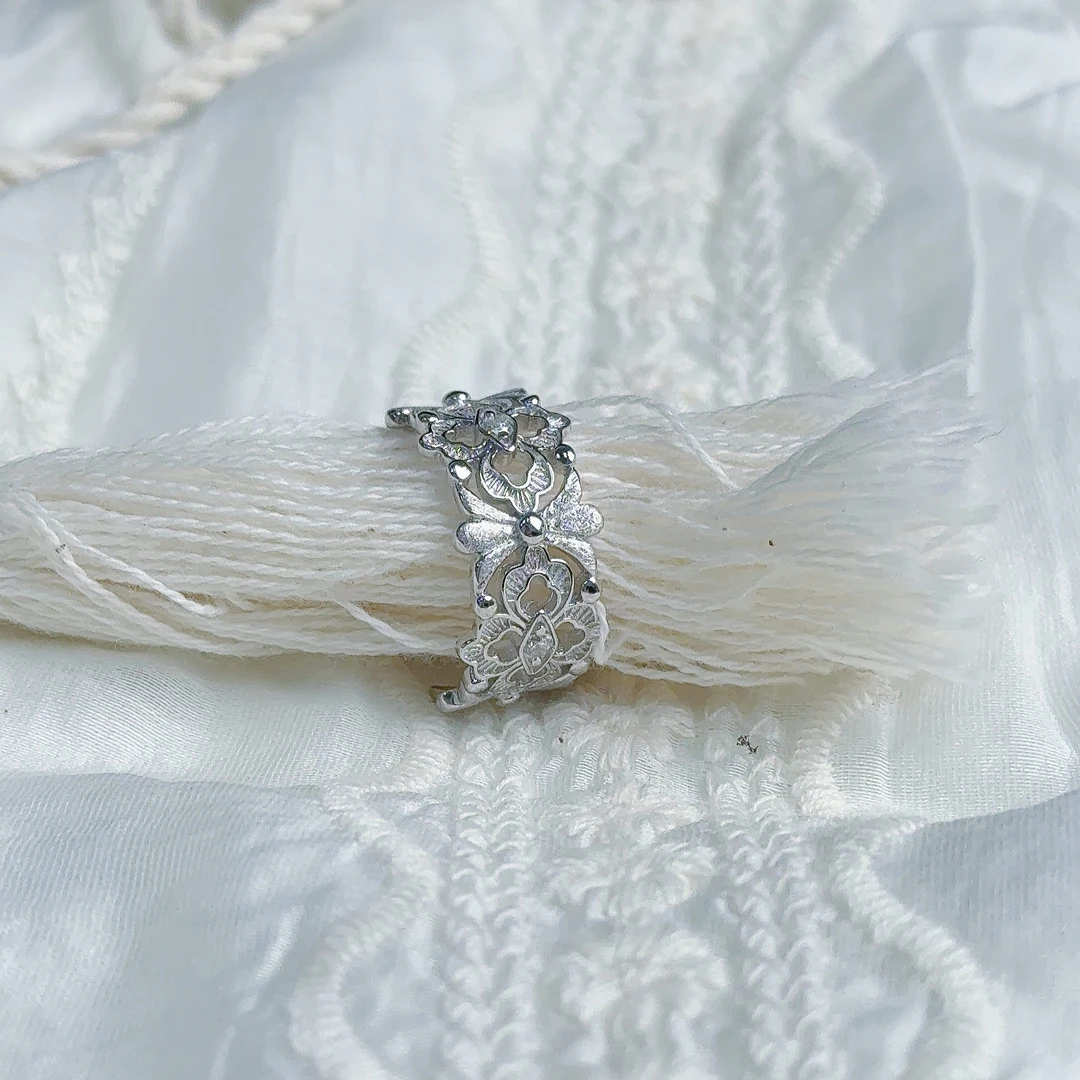 925银戒指 鸢尾花戒指s925银轻奢复古宫廷风宽戒镂空雕花食指指环