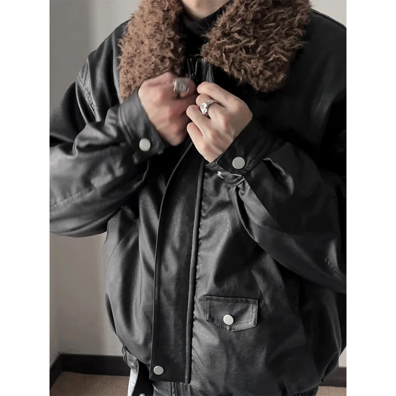 FMQZ STUDIO美式PU皮可拆卸毛领夹棉夹克男女宽松保暖机车服外套
