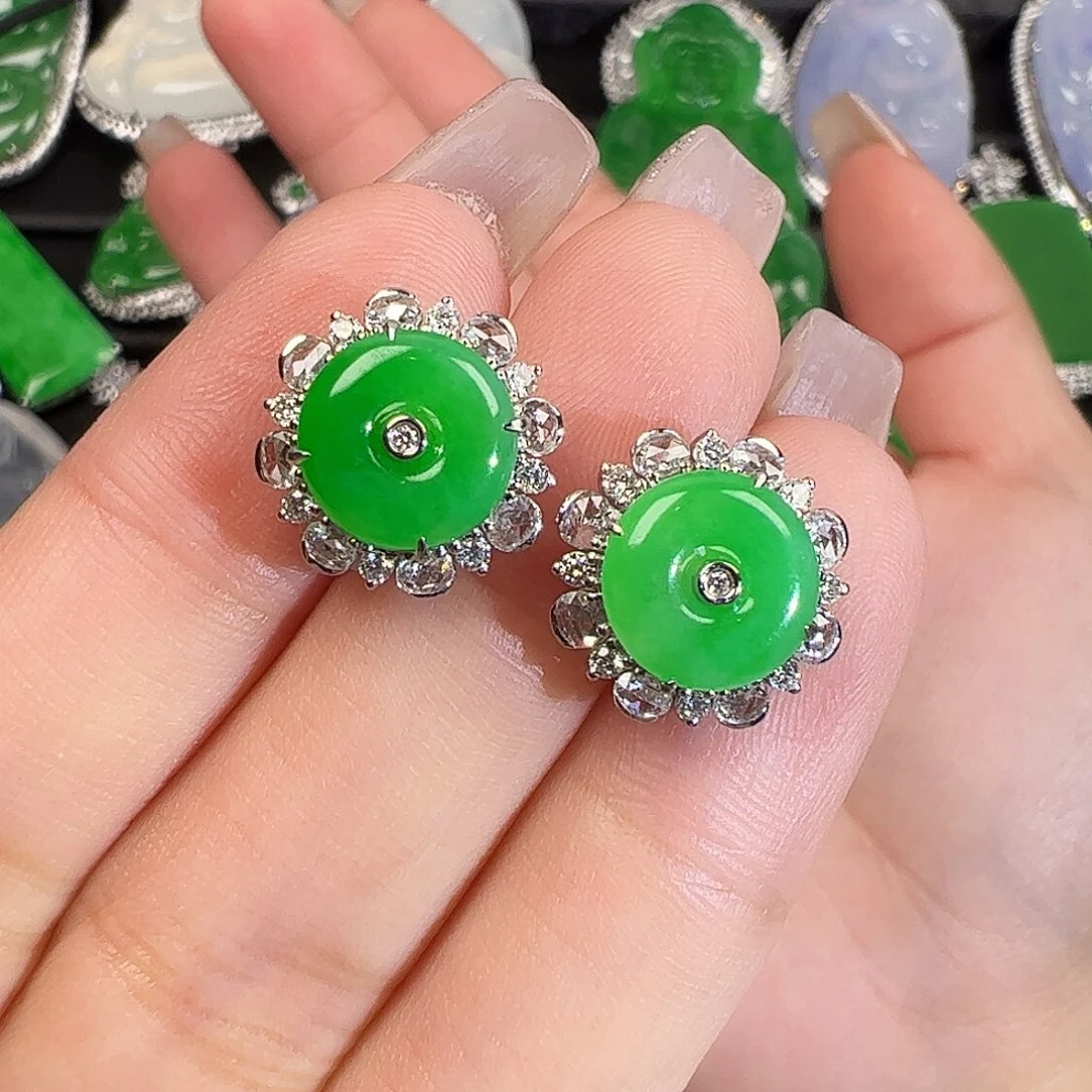 翡翠耳饰18K金镶嵌平安扣