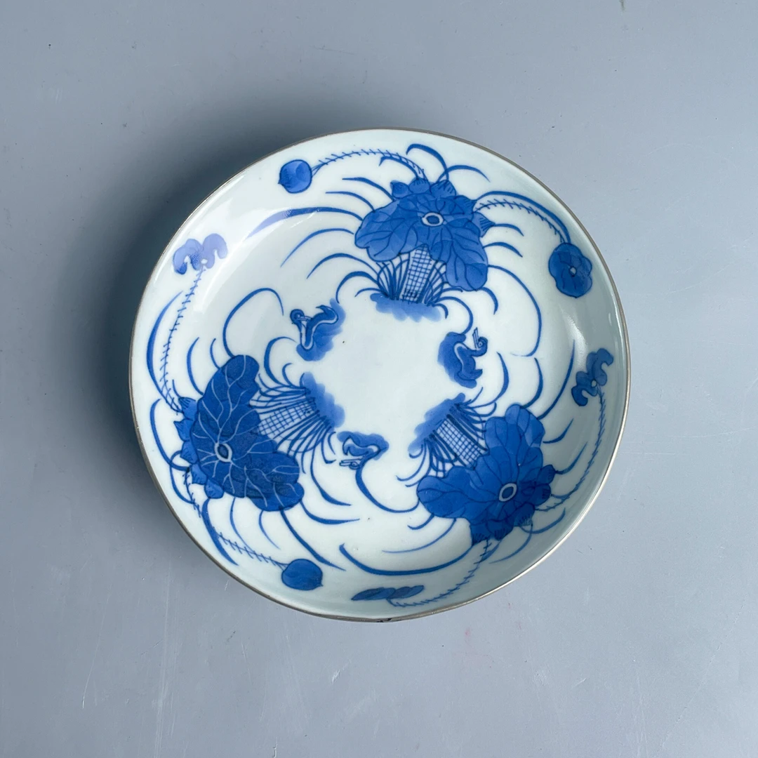 青花瓷/古董晚清荷池鸳鸯小盘M25BM001716古玩/收藏/文物/绣花张