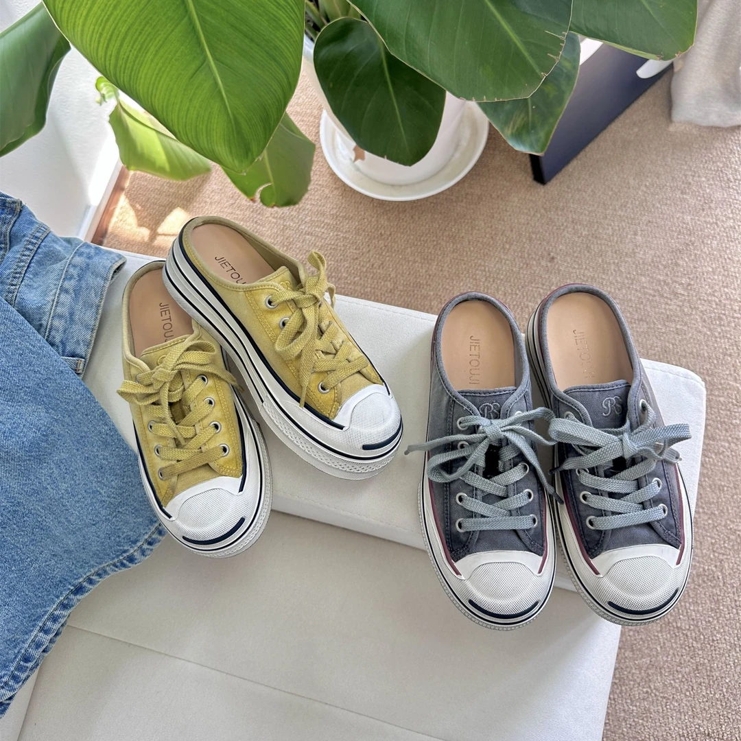 JTJ欧洲站帆布鞋女2025新款水洗牛仔包头拖复古做旧开口笑板鞋