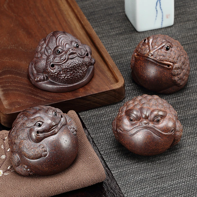 柴烧金蟾紫砂茶宠摆件精品可养茶具高档宜兴手工茶盘茶台禅意茶玩